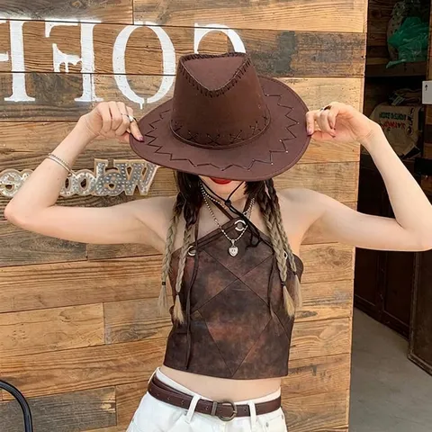 Amerikanischer Stil Western Cowboyhut Wildlederimitat Vintage Ritterhut Mit Nahtdekoration Sonnenschutz Breite Krempe Outdoor Flacher Zylinder Unisex