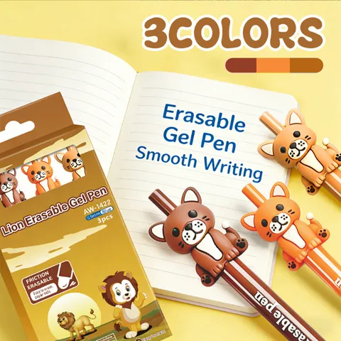 Set De Stylos Gel Effaçables Animaux De Dessin Animé Mignon Lion Bouton Stylos À Bille Encre Bleue Papeterie Cadeau