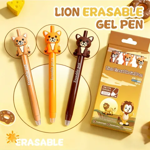 Set De Stylos Gel Effaçables Animaux De Dessin Animé Mignon Lion Bouton Stylos À Bille Encre Bleue Papeterie Cadeau