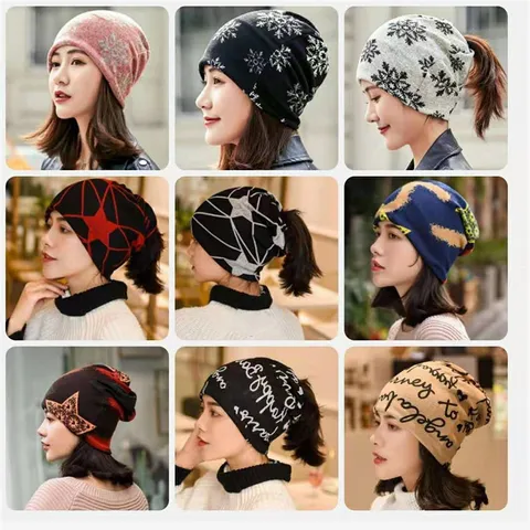 Unisex Multifunktionale Slouchy Beanie Mütze Kaschmir-Imitat Bedruckte Turban Schal Pferdeschwanz Mütze Für Damen Herren