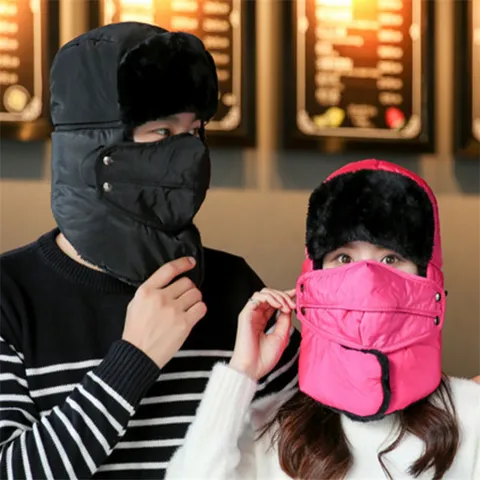 Sombrero Ushanka de Invierno para Hombres Mujeres Cortavientos Cálido Sombrero Lei Feng Con Orejeras Máscara Desmontable Forro de Felpa para Ciclismo al Aire Libre