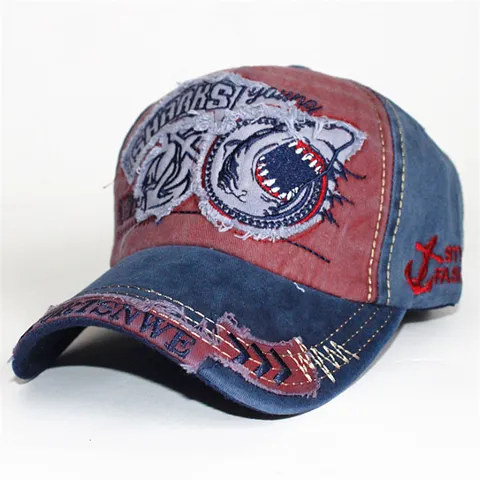 Vintage Distressed Gewaschene Baumwolle Baseballkappe Hai Buchstabe Bestickt Gebogene Krempe Verstellbarer Outdoor Sonnenhut Für Herren Damen