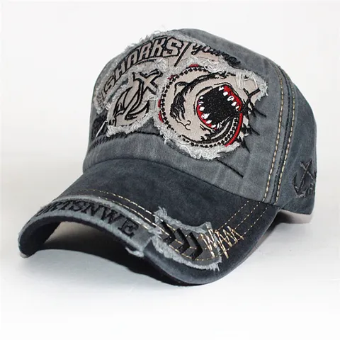Vintage Distressed Gewaschene Baumwolle Baseballkappe Hai Buchstabe Bestickt Gebogene Krempe Verstellbarer Outdoor Sonnenhut Für Herren Damen