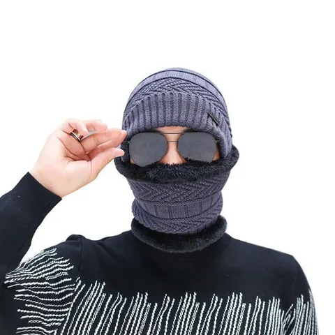 Men Winter Knit Beanie Hat And Scarf Set Fleece Lined Thickened Thermal Outdoor Windproof Cap Neck Warmer Casual Skull Hat