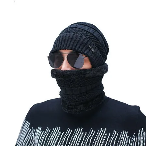Men Winter Knit Beanie Hat And Scarf Set Fleece Lined Thickened Thermal Outdoor Windproof Cap Neck Warmer Casual Skull Hat