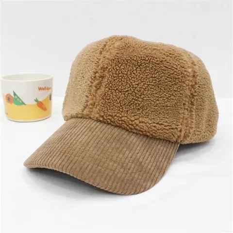 Korean Style Autumn Winter Cute Plush Lamb Wool Baseball Cap For Women Thickened Warm Corduroy Brim Solid Color Student Peak Cap