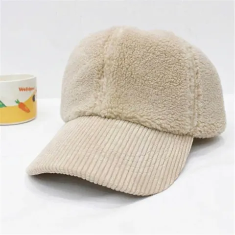 Korean Style Autumn Winter Cute Plush Lamb Wool Baseball Cap For Women Thickened Warm Corduroy Brim Solid Color Student Peak Cap