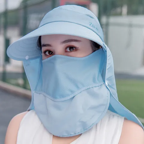 Sombrero de Sol de Ala Ancha para Mujer Con Máscara Desmontable Protección de Cuello Poliéster Protección UV Transpirable Sombrero de Playa