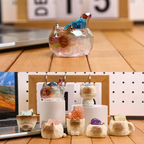 Boîte Mystère Chat en Cristal Kawaii Ornements en Résine Figurines d'Animaux Mignons Avec Pierres Naturelles Décoration de Bureau Créative Cadeaux