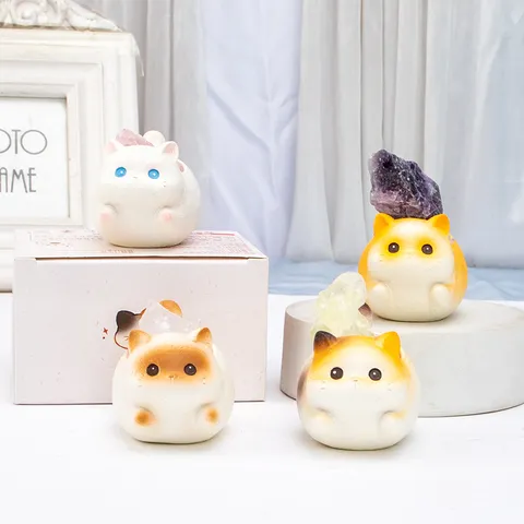 Cartoon Cat Resin Crystal Ornament Cute Animal Healing Figurine For Car Dashboard Computer Desk Home Office Decoration Desktop Gift
