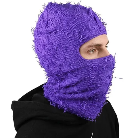 Distressed Strick Balaclava Mütze Für Herren Damen Winter Warm Shaggy Fransen Gesichtsmaske Streetwear Mode Beanie Kopfbedeckung