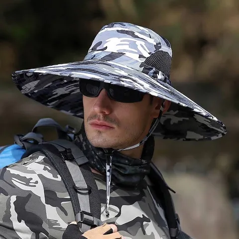Men Outdoor Sun Hat Camouflage Bucket Hat Wide Brim Fishing Hat Breathable Mesh Hunting Hat Packable Summer Hiking Hat