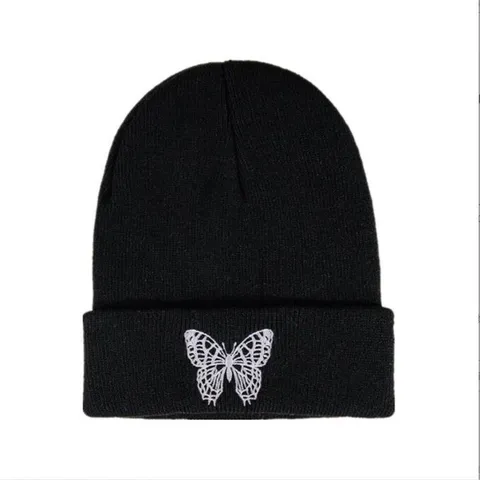 Korean Style Butterfly Embroidery Knit Beanie Hat Hip Hop Winter Warm Acrylic Pullover Skull Cap For Women Men