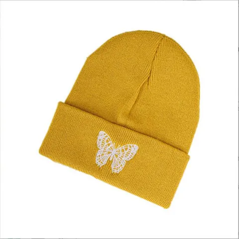 Korean Style Butterfly Embroidery Knit Beanie Hat Hip Hop Winter Warm Acrylic Pullover Skull Cap For Women Men