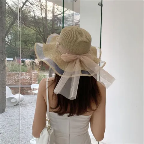 Damen Strohhut Mit Breiter Krempe Großer Netzschleife Künstliche Perle Eleganter Sommer Strand UV-Schutz Faltbarer Strohhut