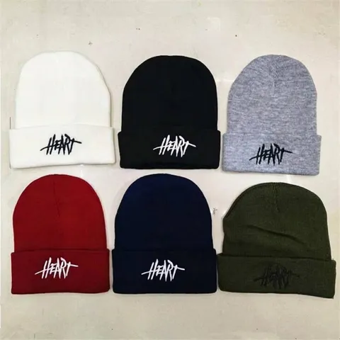 Heart Embroidery Knitted Beanie Hat For Men Women Winter Warm Acrylic Streetwear Hip Hop Miki Hat Foldable Cuffed Beanie