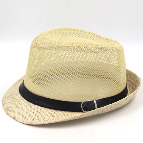 Chapeau Fedora Unisexe en Paille de Papier à Mailles Respirantes pour l'Été Chapeau de Plage Jazz avec Bande en Cuir