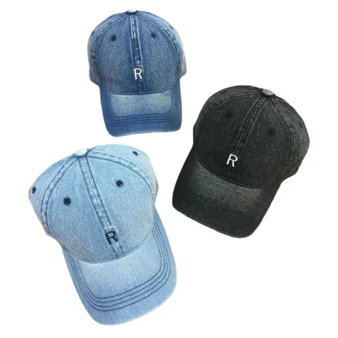 Unisex Embroidered Denim Baseball Cap Adjustable Vintage Cotton R Letter Patch Curved Brim Streetwear Sun Hat
