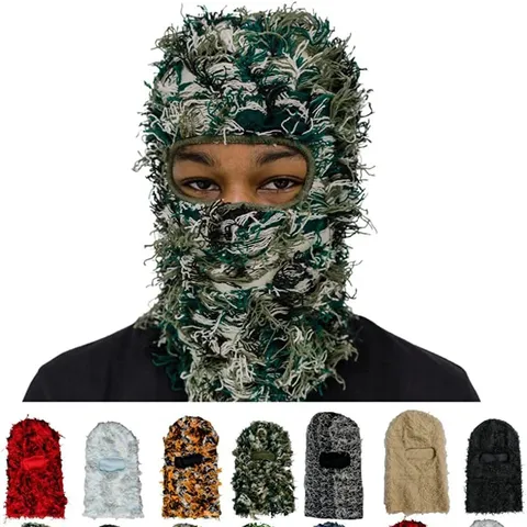 Distressed Strick Balaclava Mütze Für Herren Damen Winter Warm Shaggy Fransen Gesichtsmaske Streetwear Mode Beanie Kopfbedeckung