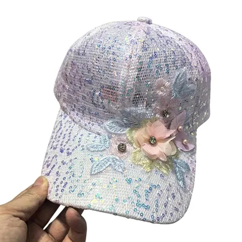 Women's Lace Floral Embroidery Baseball Cap Mesh Breathable Sun Hat Korean Adjustable Rhinestone Pearl Summer Beach Hat