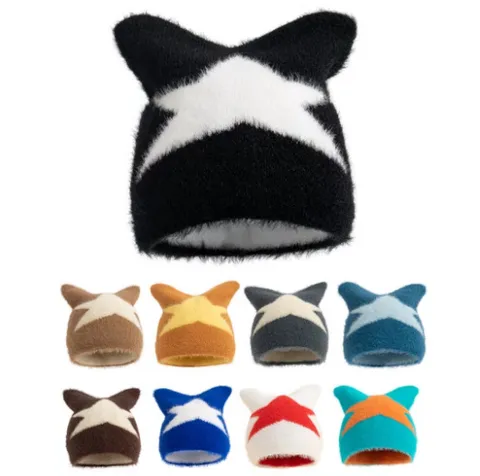 Y2K Faux Nerz Samt Katzenohren Strickmütze Für Damen Winter Warm Sternenmuster Pentagramm Schleife Beanie Mütze Individuelle Trendy Outdoor Kappe
