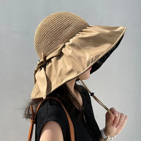 Women Summer Sun Hat Large Brim Foldable Hollow Out Bucket Hat Black Glue Anti-UV Beach Cap Elegant Bow Decor Fishing Hat