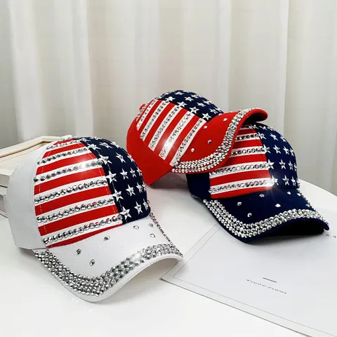 American Flag Rhinestone Baseball Cap For Women Men Polyester Star Stripe Bling Adjustable Street Fashion Shading Hat