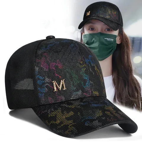 Bunte Strass M Logo Netz Baseballkappe Sommer Atmungsaktiv Verstellbar Streetstyle Hip Hop Sonnenhut für Herren Damen