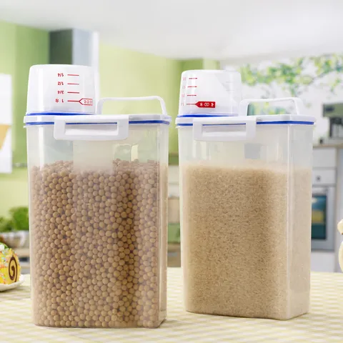 Caja de Almacenamiento de Arroz de Plástico Transparente Estilo Japonés Contenedor Sellado de Grano de Cocina Con Taza Medidora Dispensador Portátil