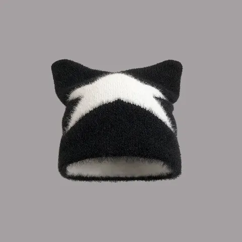 Y2K Faux Nerz Samt Katzenohren Strickmütze Für Damen Winter Warm Sternenmuster Pentagramm Schleife Beanie Mütze Individuelle Trendy Outdoor Kappe