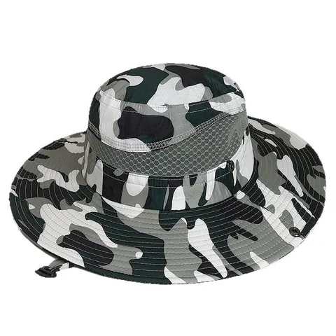 Unisex Camouflage Boonie Hat Wide Brim Sun Protection Polyester Outdoor Hiking Fishing Cap With Adjustable Windproof Rope