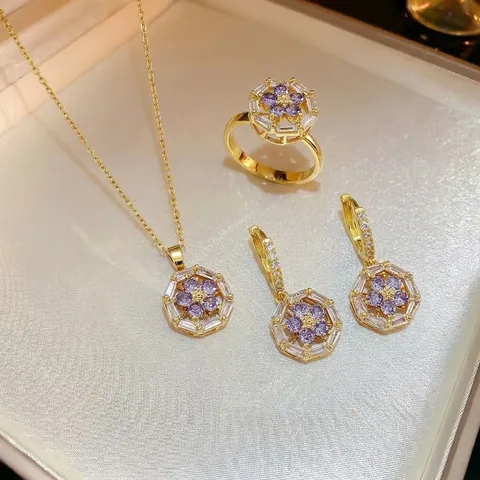 Juego de Joyas de Flor de Circonia Giratoria de Lujo Ligero para Mujer Acero Inoxidable Oro Púrpura Collar Pendientes Anillo