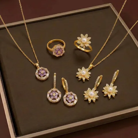 Juego de Joyas de Flor de Circonia Giratoria de Lujo Ligero para Mujer Acero Inoxidable Oro Púrpura Collar Pendientes Anillo