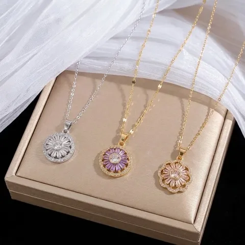 Collar con Colgante de Girasole de Circonia Rotativa de Moda para Mujer Cadena de Clavícula de Acero de Titanio Joyería Incrustada de Lujo