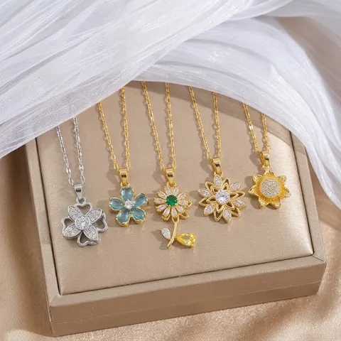 Drehbare Sonnenblume Halskette Kupfer Zirkonia Mikro Eingelegt Mode Anhänger Für Damen Koreanischer Stil 18K Vergoldet