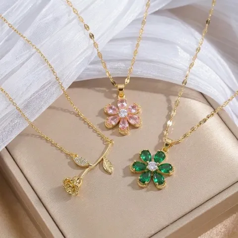 Titanstahl Kupfer Zirkonia Tulpe Sonnenblume Blumen Anhänger Halskette Für Damen Katzenauge Stein Elegante Mode Schmuck Geschenk