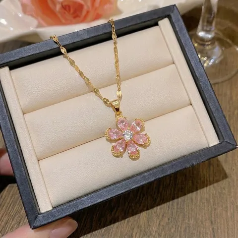 Titanstahl Kupfer Zirkonia Tulpe Sonnenblume Blumen Anhänger Halskette Für Damen Katzenauge Stein Elegante Mode Schmuck Geschenk
