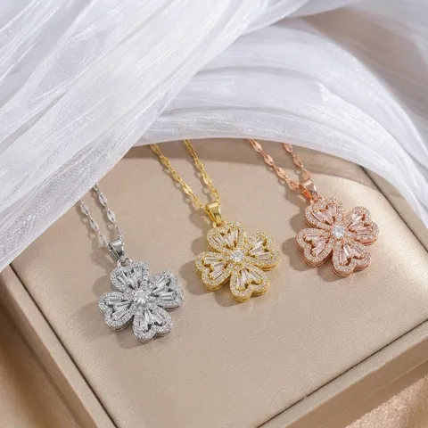 Collar de Mujer Trébol de Cuatro Hojas Giratorio Colgante Corazón Acero Inoxidable Diamantes de Imitación Joyería Regalo