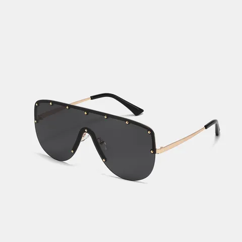Lunettes de Soleil Oversize Sans Monture pour Hommes Femmes Monture en Métal Punk Hip Hop Décoration de Rivets Verre Monopièce