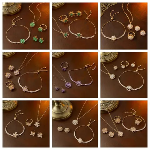 Rotierende Blume Halskette Schmuck Set Kupfer Vergoldet Zirkonia Rotierende Anhänger Halskette Ohrringe Ring Armband Für Damen