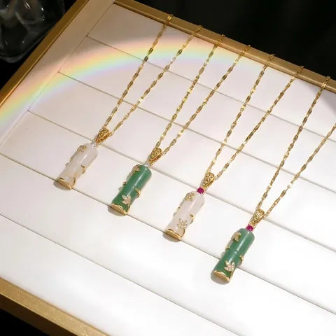 New Chinese Style Bamboo Joint Necklace For Women 18K Gold Plated Titanium Steel Chalcedony Rhinestone Pendant Clavicle Chain Gourd Peanut Oriental Jewelry