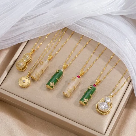 New Chinese Style Bamboo Joint Necklace For Women 18K Gold Plated Titanium Steel Chalcedony Rhinestone Pendant Clavicle Chain Gourd Peanut Oriental Jewelry