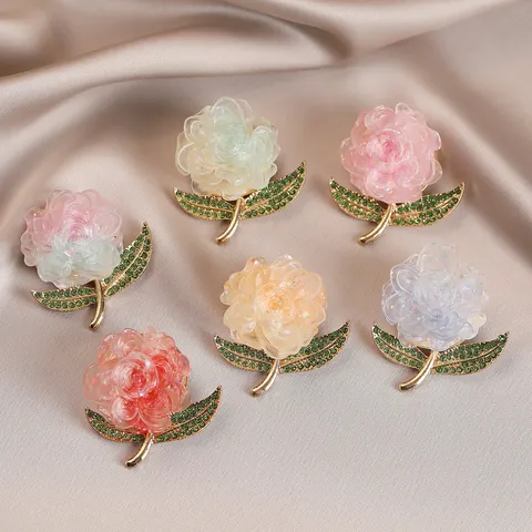 Colorful Peony Flower Brooch Zinc Alloy Gold Plated Green Rhinestone Plant Brooches Pin For Women Clothes Bags Jewelry