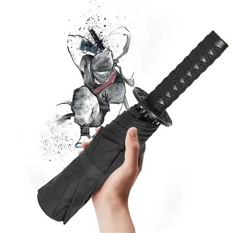 Ombrello Pieghevole Katana Impugnatura Rivestimento Nero Protezione UV Creativo Spada Samurai Antivento Pioggia Sole