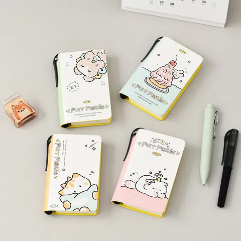 Ins Style Mini Portable Pocket Notebook With Integrated Pen Holder Cute Cartoon Cat Illustration Memo Pad For Students