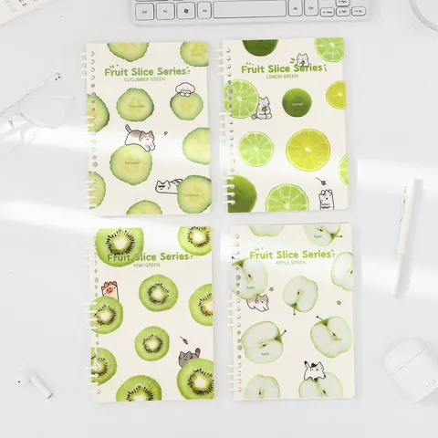 A5 Loose Leaf Notebook Cute Fruit Slice Pattern Cat Illustration Spiral Journal Student Writing Diary Planner Book
