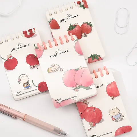 A7 Lindo Gato Fruta Cuaderno de Bolsillo Hojas Sueltas Diario Rayado Mini Cuaderno Portátil Papelería de Oficina Escolar