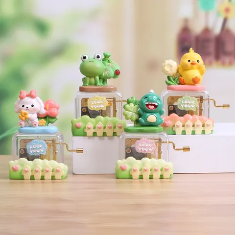 Cartoon Animal Hand Crank Music Box Transparent Acrylic Mechanical Movement Desk Decor Gift For Kids Friends Frog Dinosaur