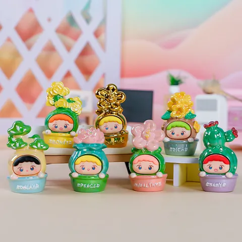 Figuras de Caja Ciega de Resina Kawaii Elfo Feliz en Maceta Plantas en Maceta Mascotte Adornos de Escritorio Decoración Regalo