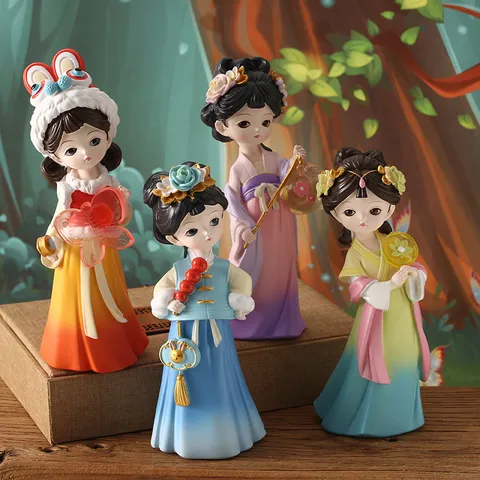 Style Guochao Ancienne Fille de la Dynastie Tang Ornement en Résine Figurine de Dame Hanfu Chibi Mignonne pour Décoration de Bureau de Salon Maison Cadeau